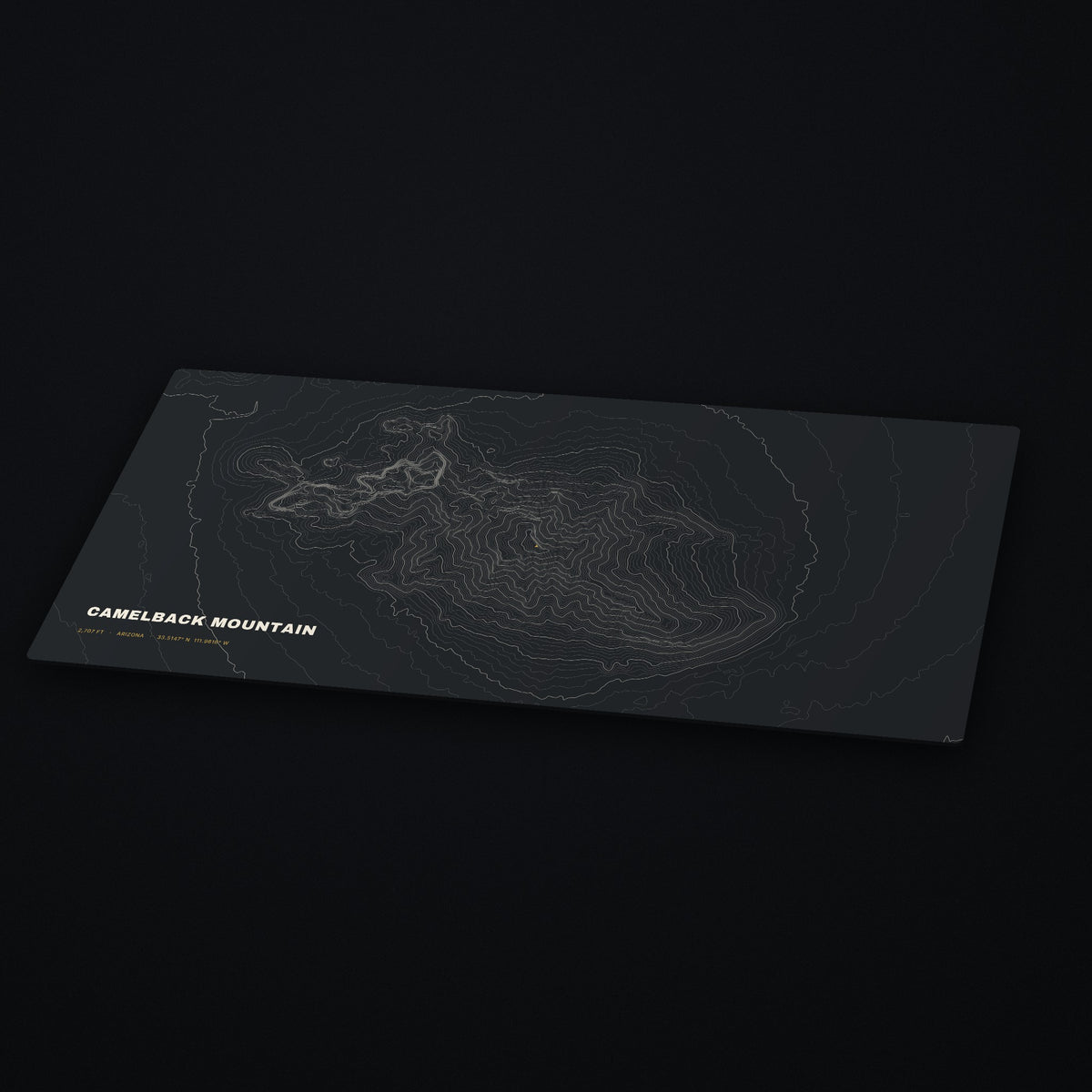 Camelback Mountain Topo Desk Mat at an angle on a dark desk