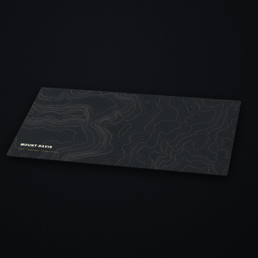 Mount Davis Topo Desk Mat at an angle on a dark desk