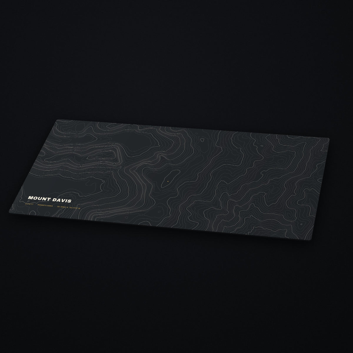 Mount Davis Topo Desk Mat at an angle on a dark desk