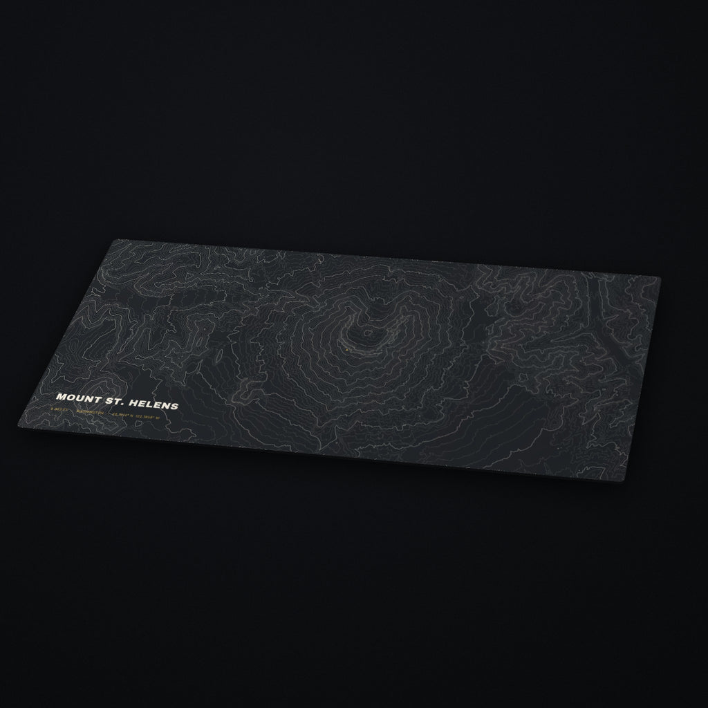 Mount St. Helens Topo Desk Mat at an angle on a dark desk