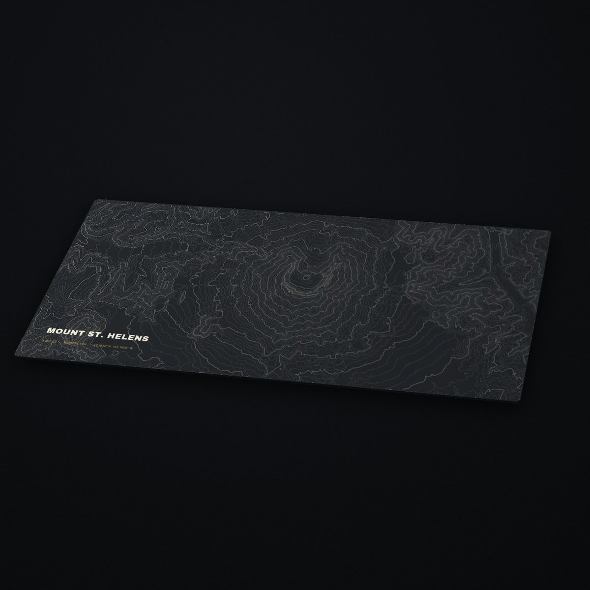 Mount St. Helens Topo Desk Mat at an angle on a dark desk