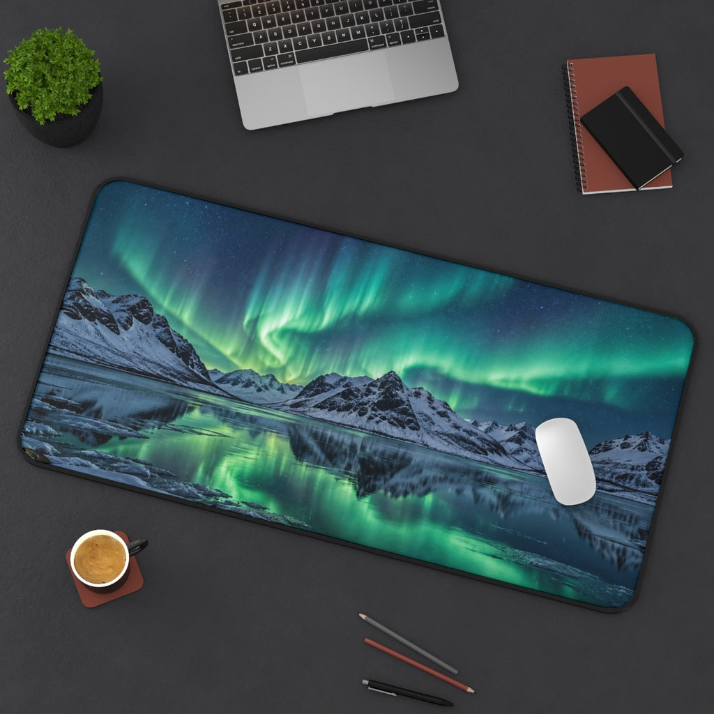 Aurora Lake desk mat on a desk with a laptop, mouse and coffee cup for scale