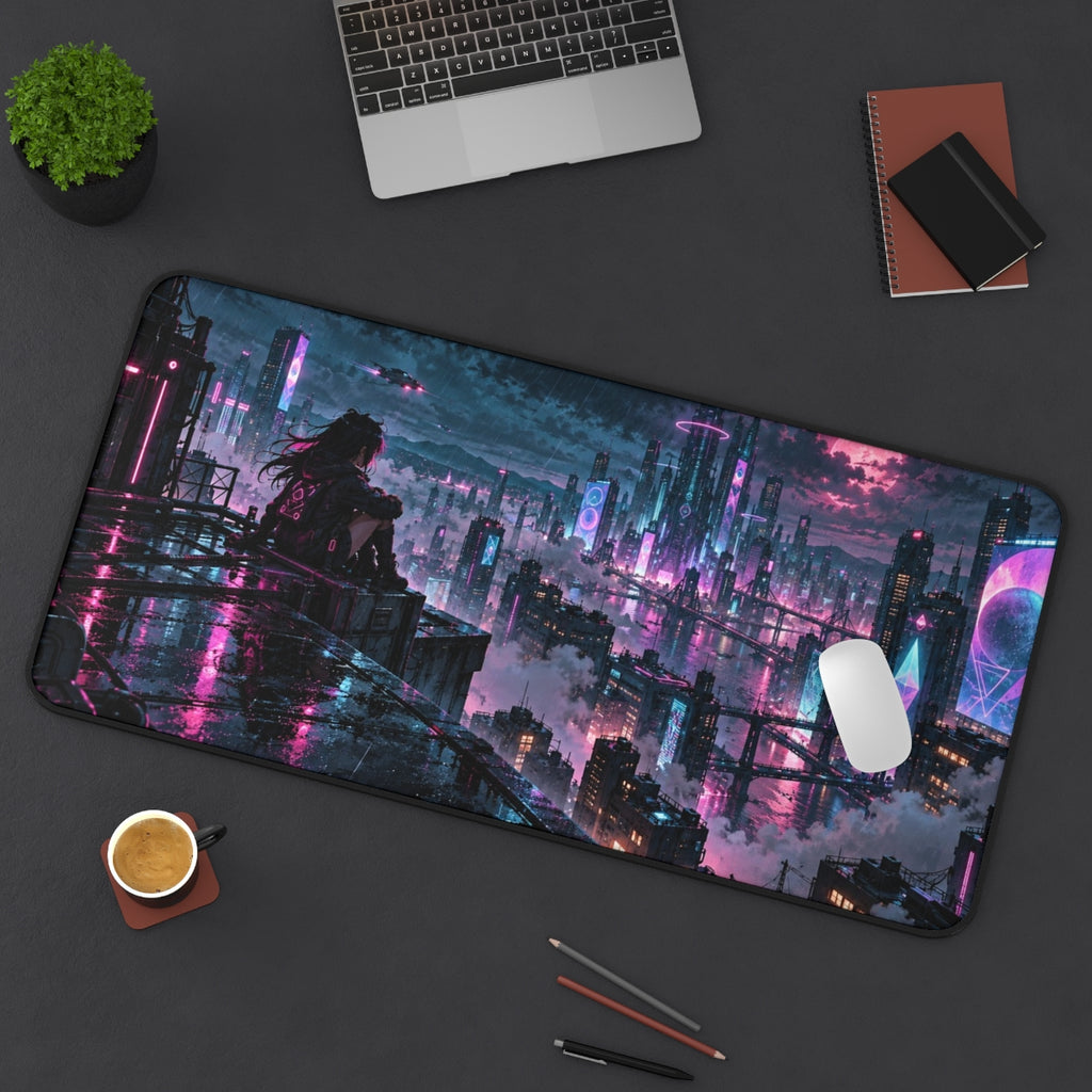 Cyber Rooftop desk mat on a desk with a laptop, mouse and coffee cup for scale