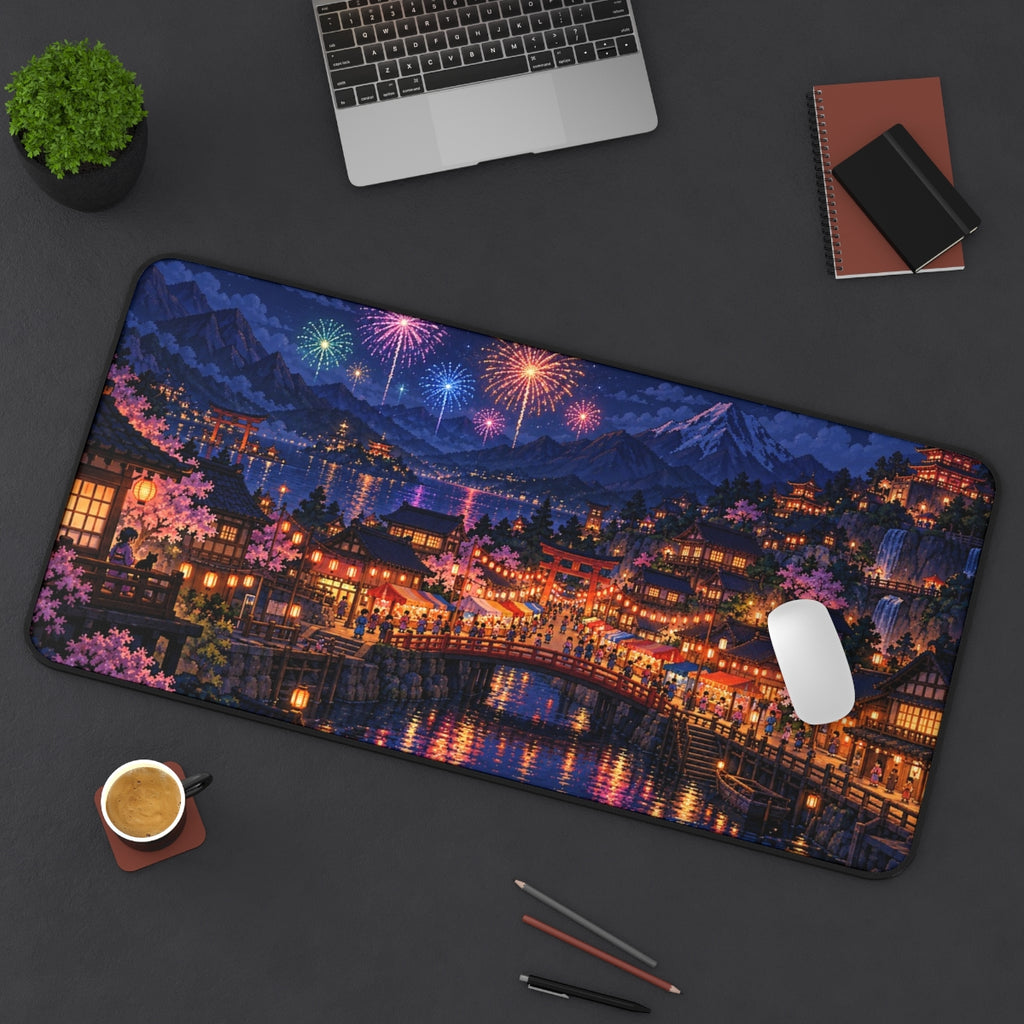 Festival Town desk mat on a desk with a laptop, mouse and coffee cup for scale