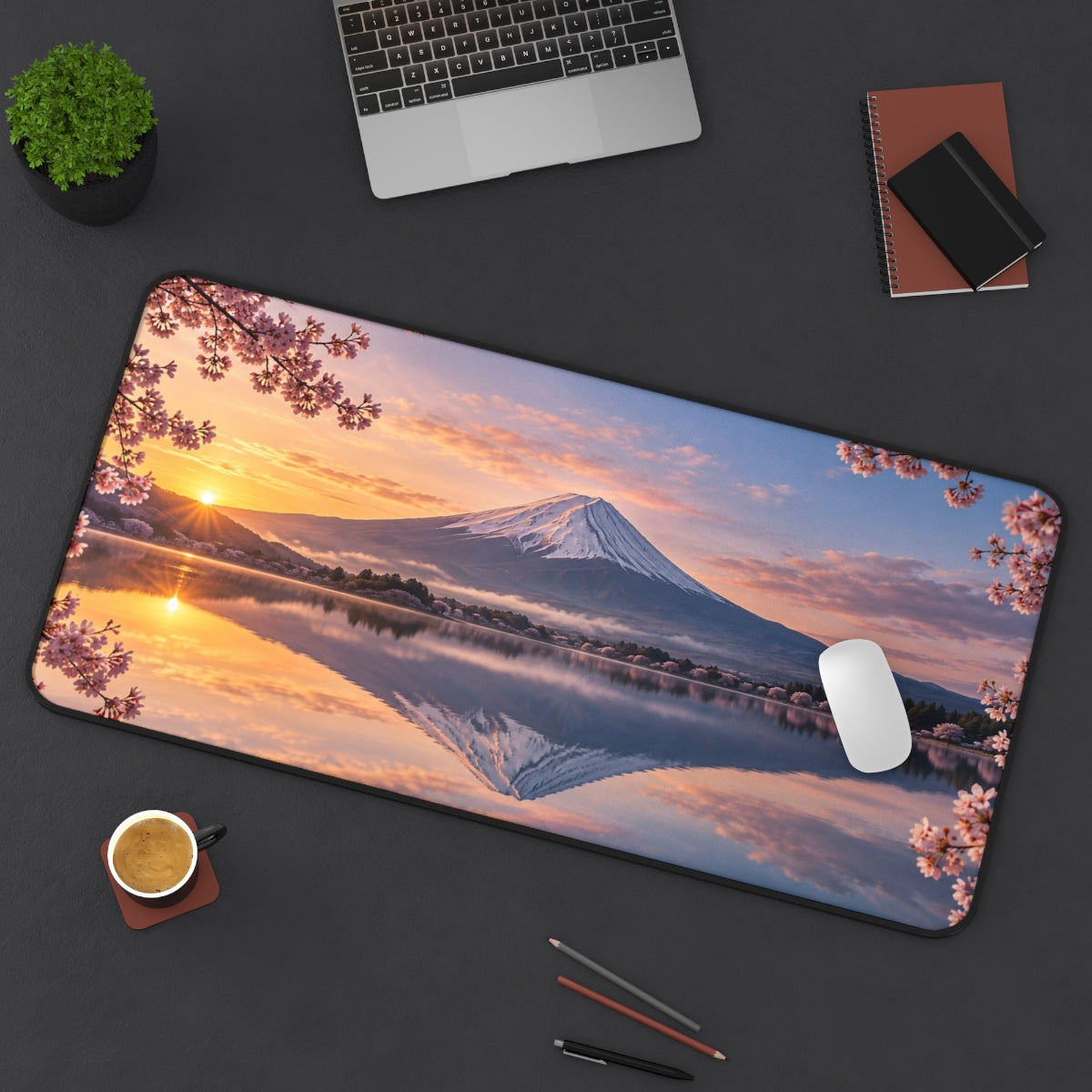 Fuji Sunrise desk mat on a desk with a laptop, mouse and coffee cup for scale