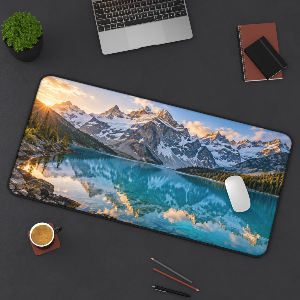 Glacier Lake desk mat on a desk with a laptop, mouse and coffee cup for scale