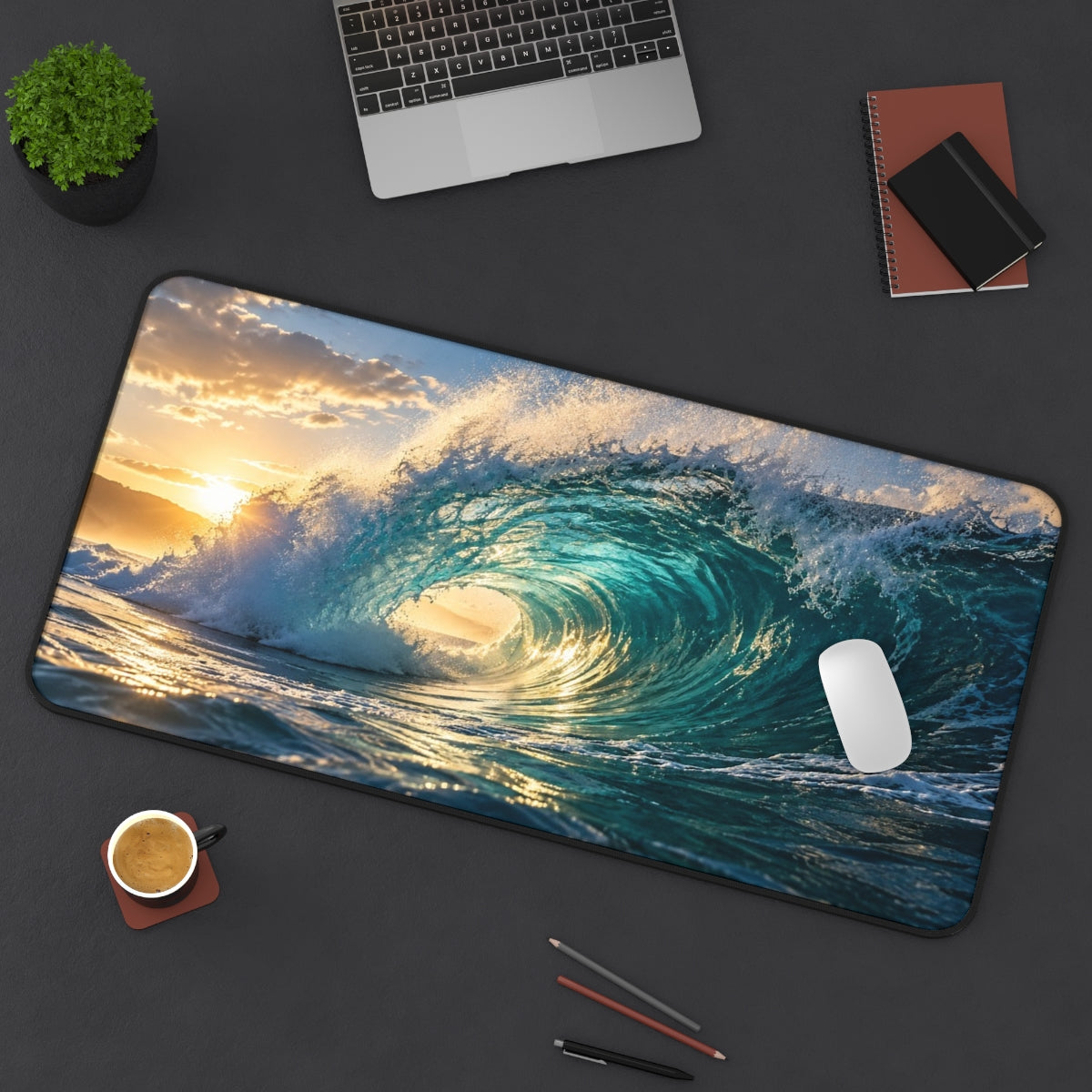 Glass Wave desk mat on a desk with a laptop, mouse and coffee cup for scale