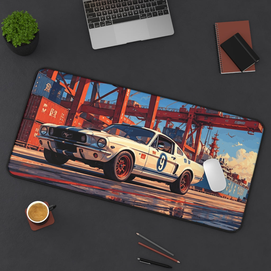 Harbor Sprint desk mat on a desk with a laptop, mouse and coffee cup for scale