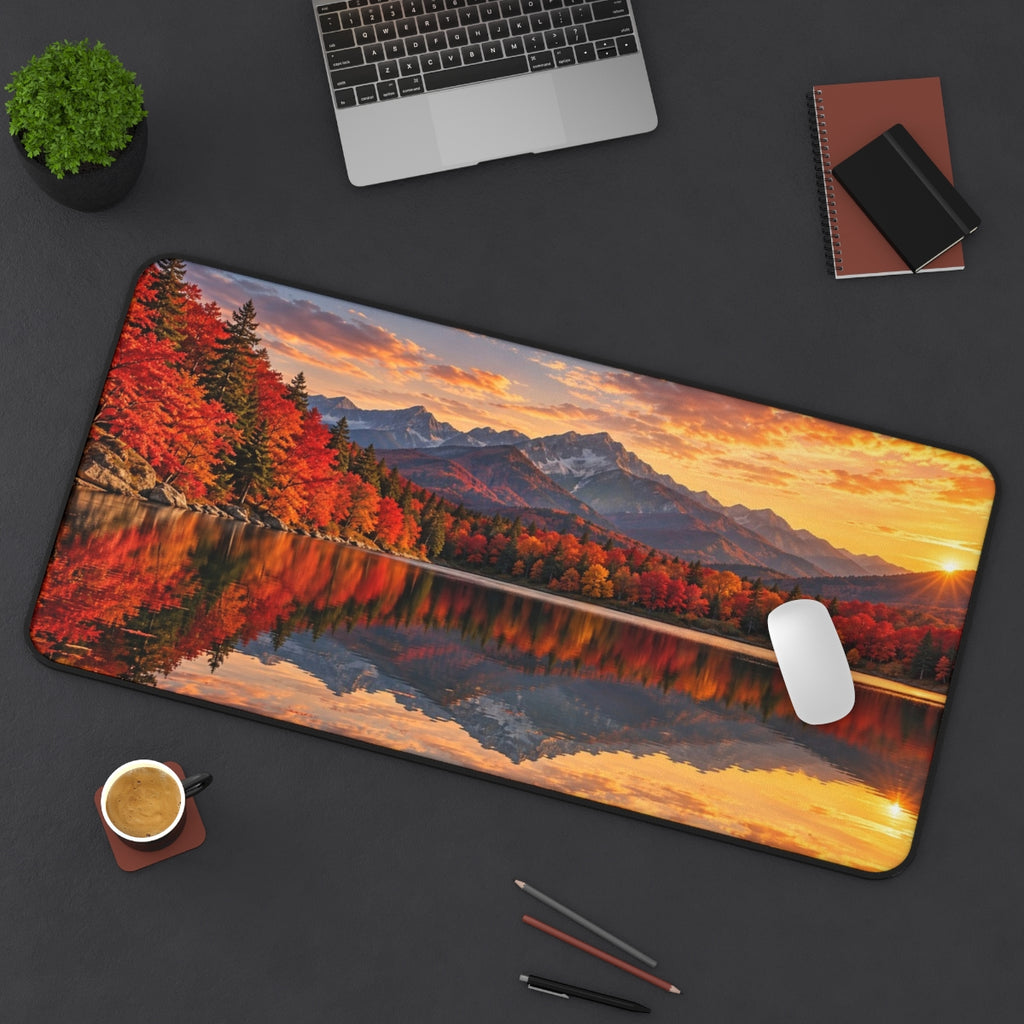 Maple Lake desk mat on a desk with a laptop, mouse and coffee cup for scale