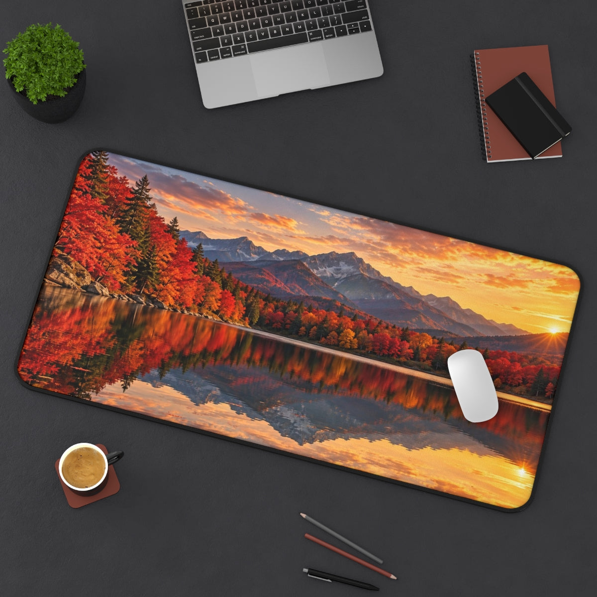 Maple Lake desk mat on a desk with a laptop, mouse and coffee cup for scale