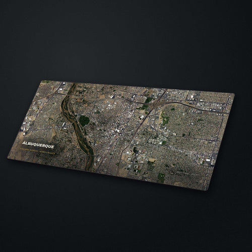 Albuquerque Satellite Desk Mat at an angle on a stone desk