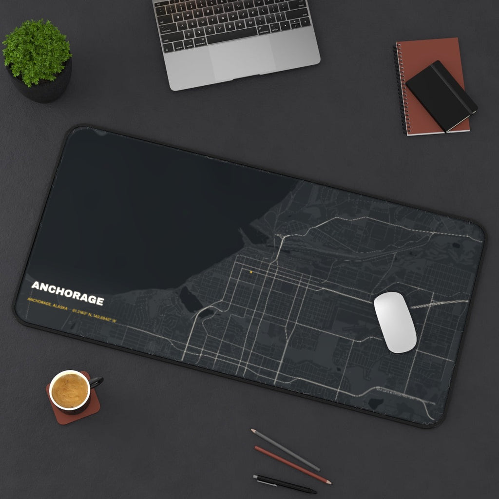 Anchorage Street Map desk mat on a desk with a laptop, mouse and coffee cup for scale