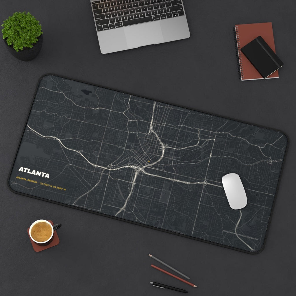 Atlanta Street Map desk mat on a desk with a laptop, mouse and coffee cup for scale