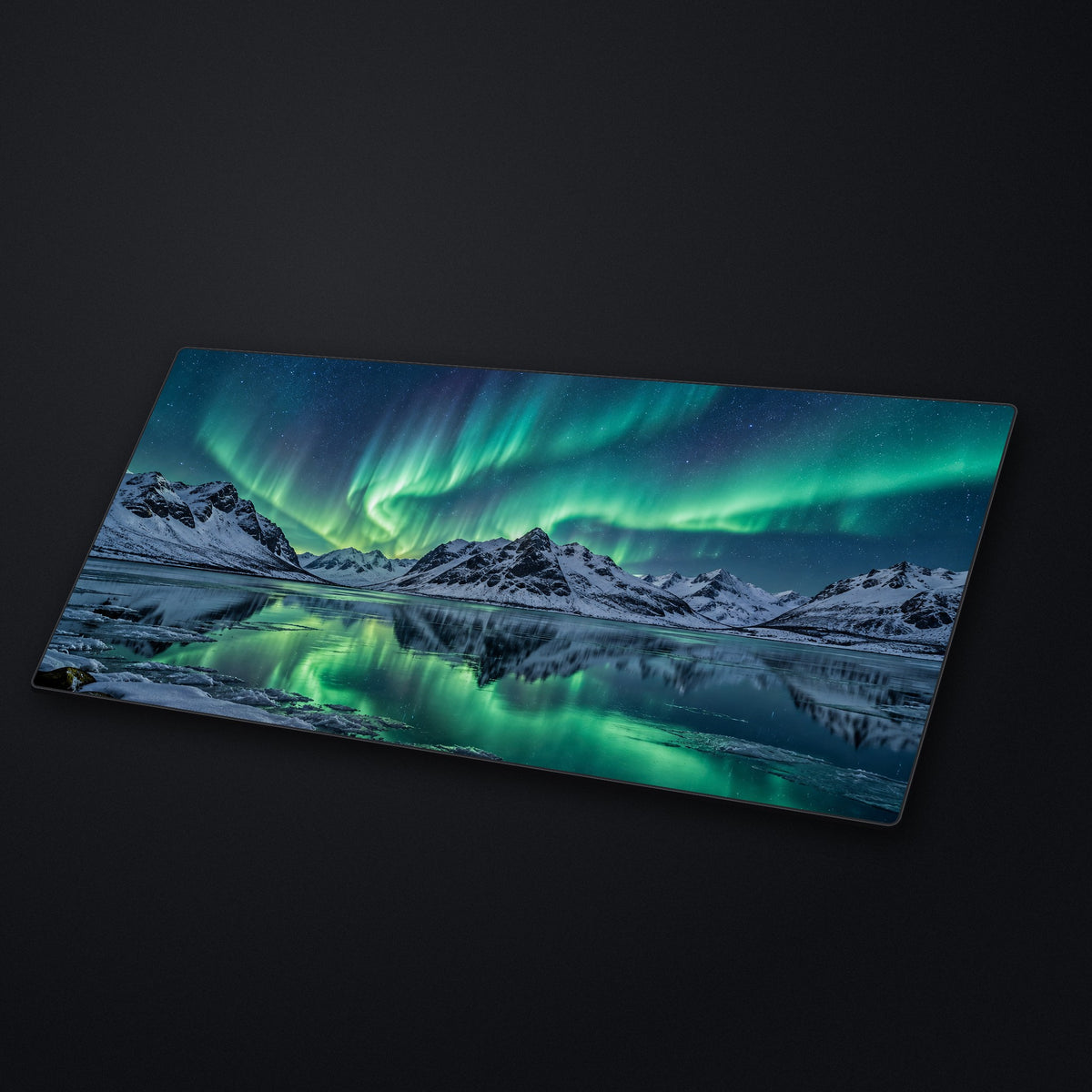 Aurora Lake Desk Mat at an angle on a stone desk