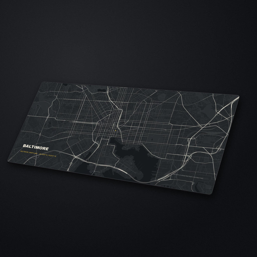 Baltimore Street Map Desk Mat at an angle on a stone desk