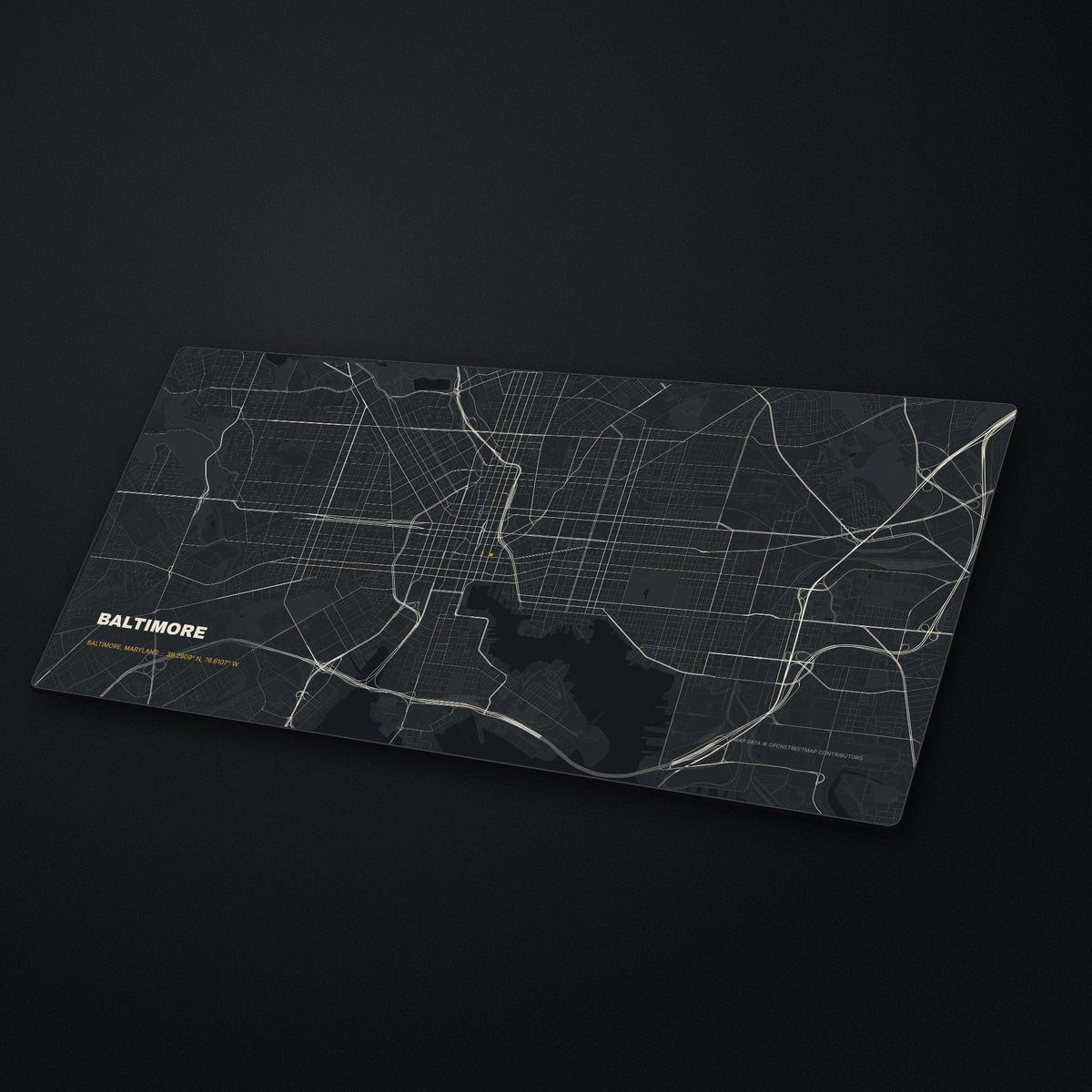 Baltimore Street Map Desk Mat at an angle on a stone desk