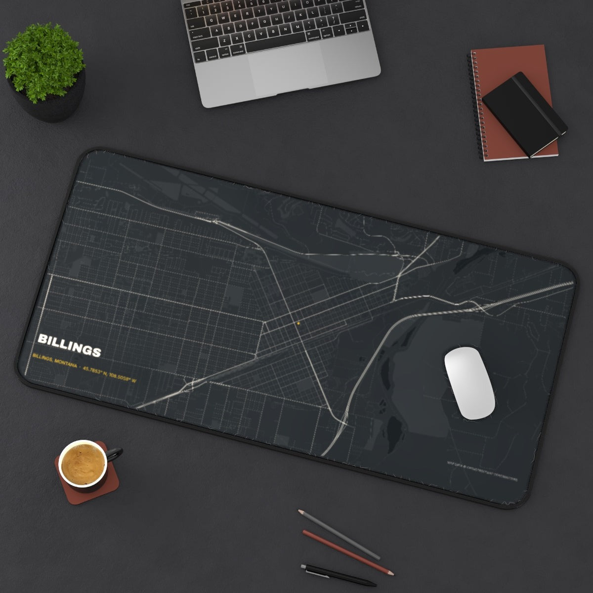 Billings Street Map desk mat on a desk with a laptop, mouse and coffee cup for scale