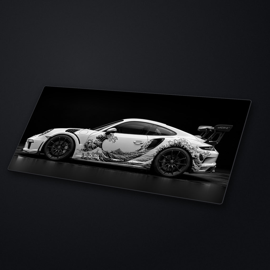 Black White Wave Desk Mat at an angle on a stone desk