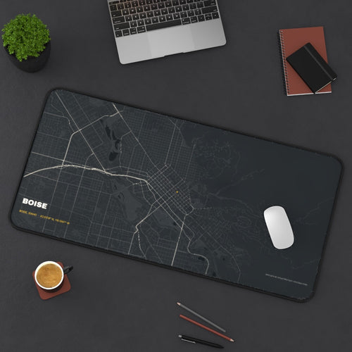 Boise Street Map desk mat on a desk with a laptop, mouse and coffee cup for scale