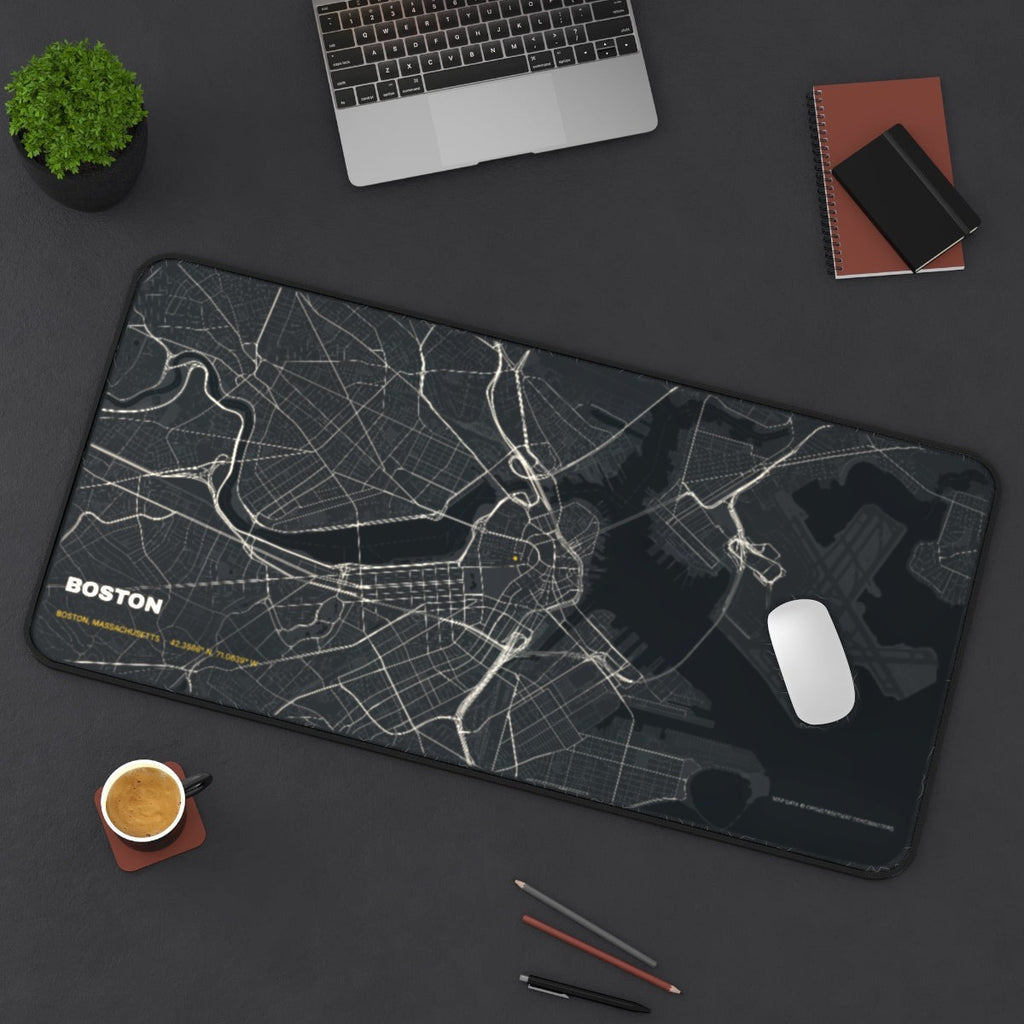 Boston Street Map desk mat on a desk with a laptop, mouse and coffee cup for scale