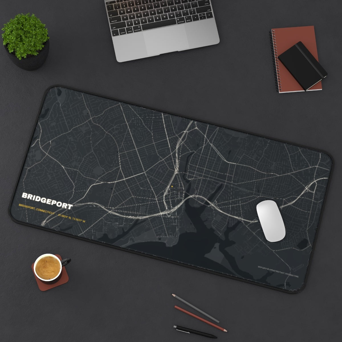 Bridgeport Street Map desk mat on a desk with a laptop, mouse and coffee cup for scale