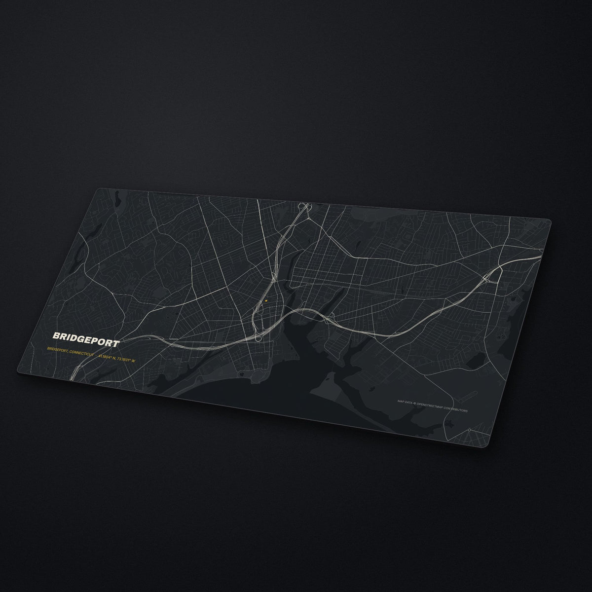 Bridgeport Street Map Desk Mat at an angle on a stone desk