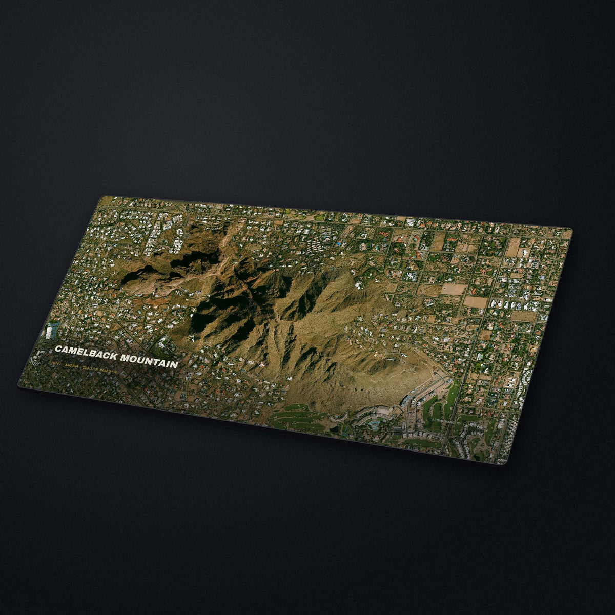 Camelback Mountain Satellite Desk Mat at an angle on a stone desk