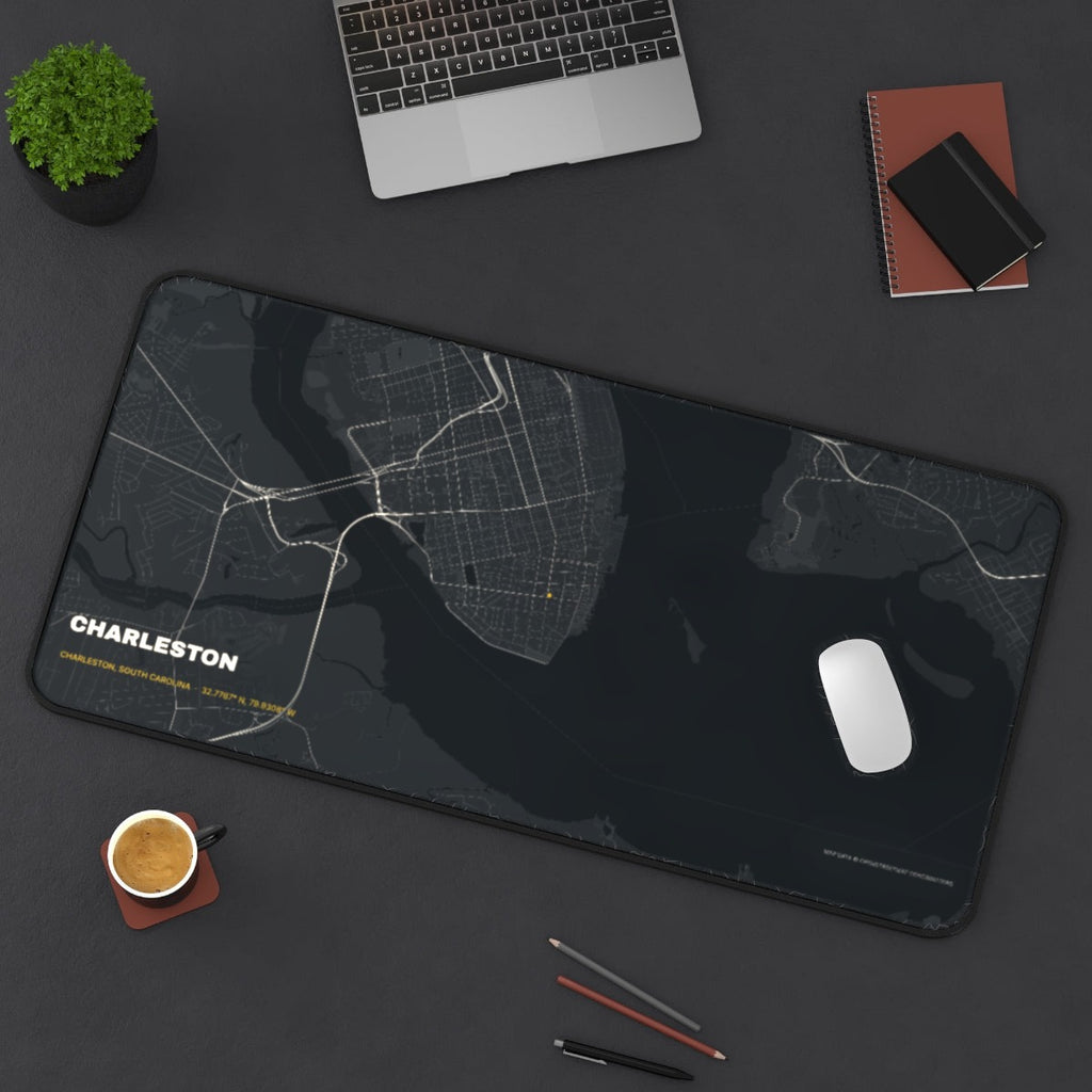 Charleston Street Map desk mat on a desk with a laptop, mouse and coffee cup for scale