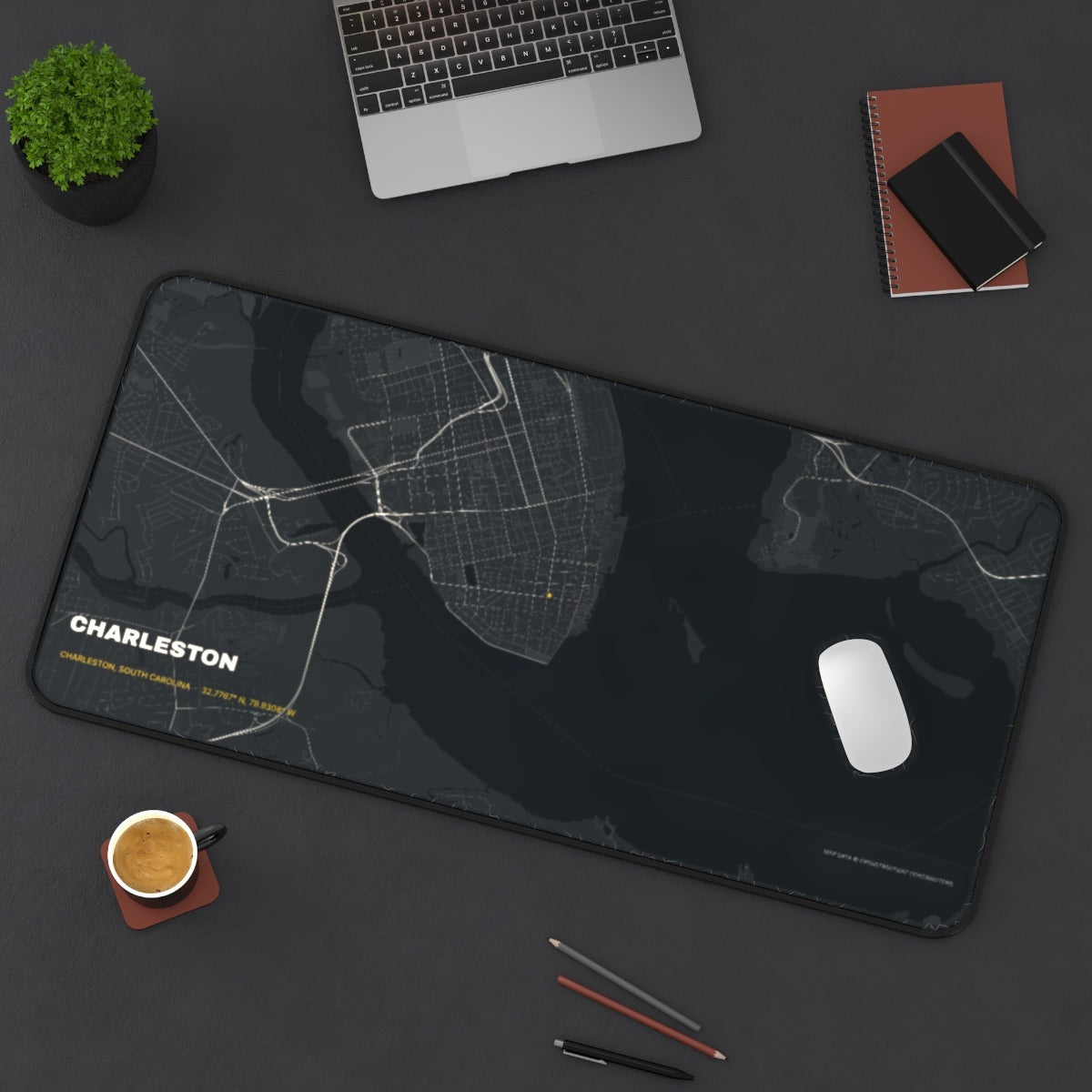 Charleston Street Map desk mat on a desk with a laptop, mouse and coffee cup for scale