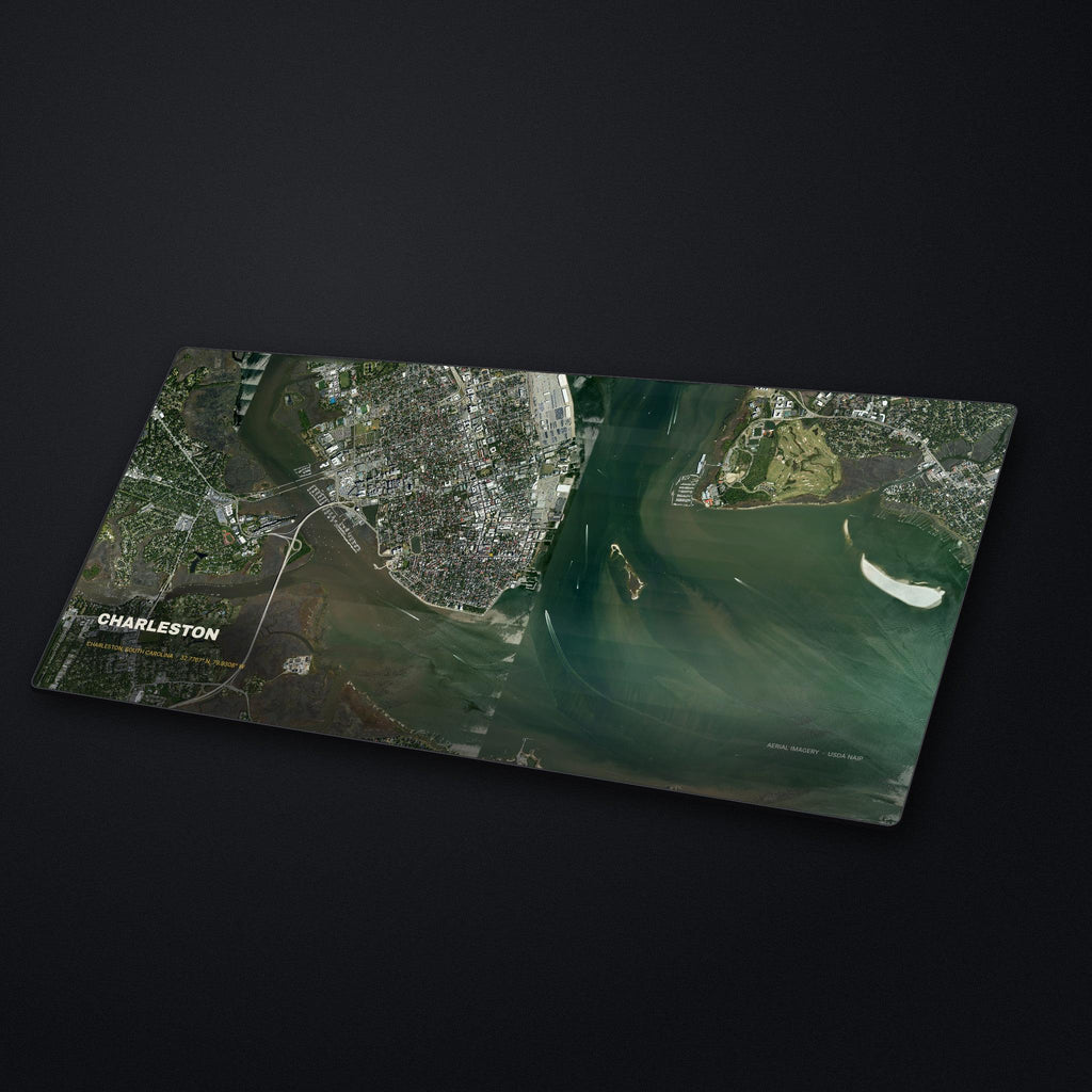 Charleston, South Carolina Satellite Desk Mat at an angle on a stone desk