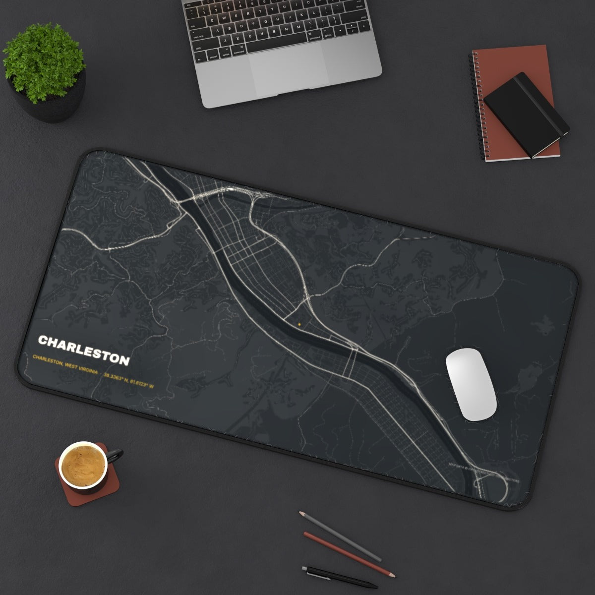 Charleston Street Map desk mat on a desk with a laptop, mouse and coffee cup for scale