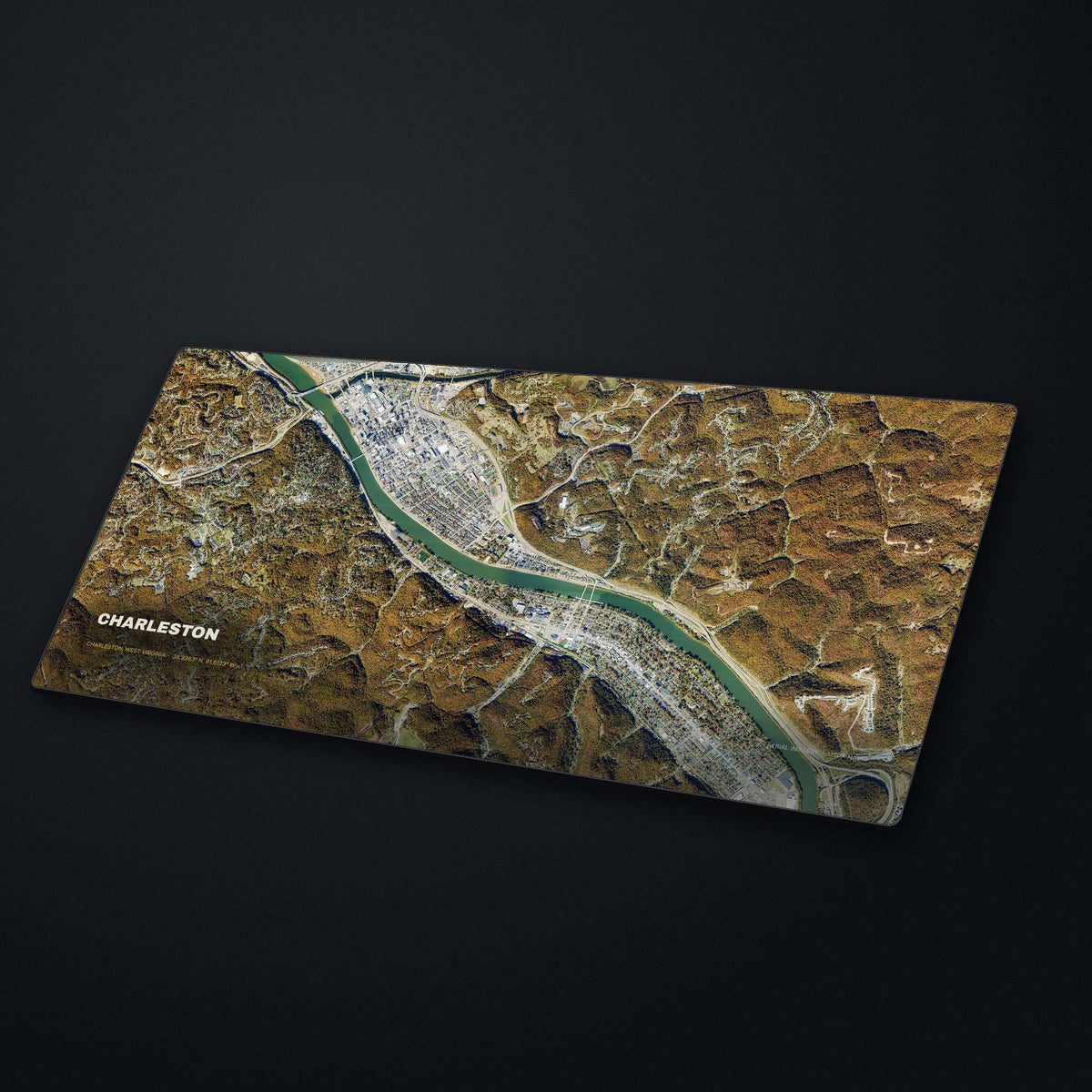 Charleston, West Virginia Satellite Desk Mat at an angle on a stone desk