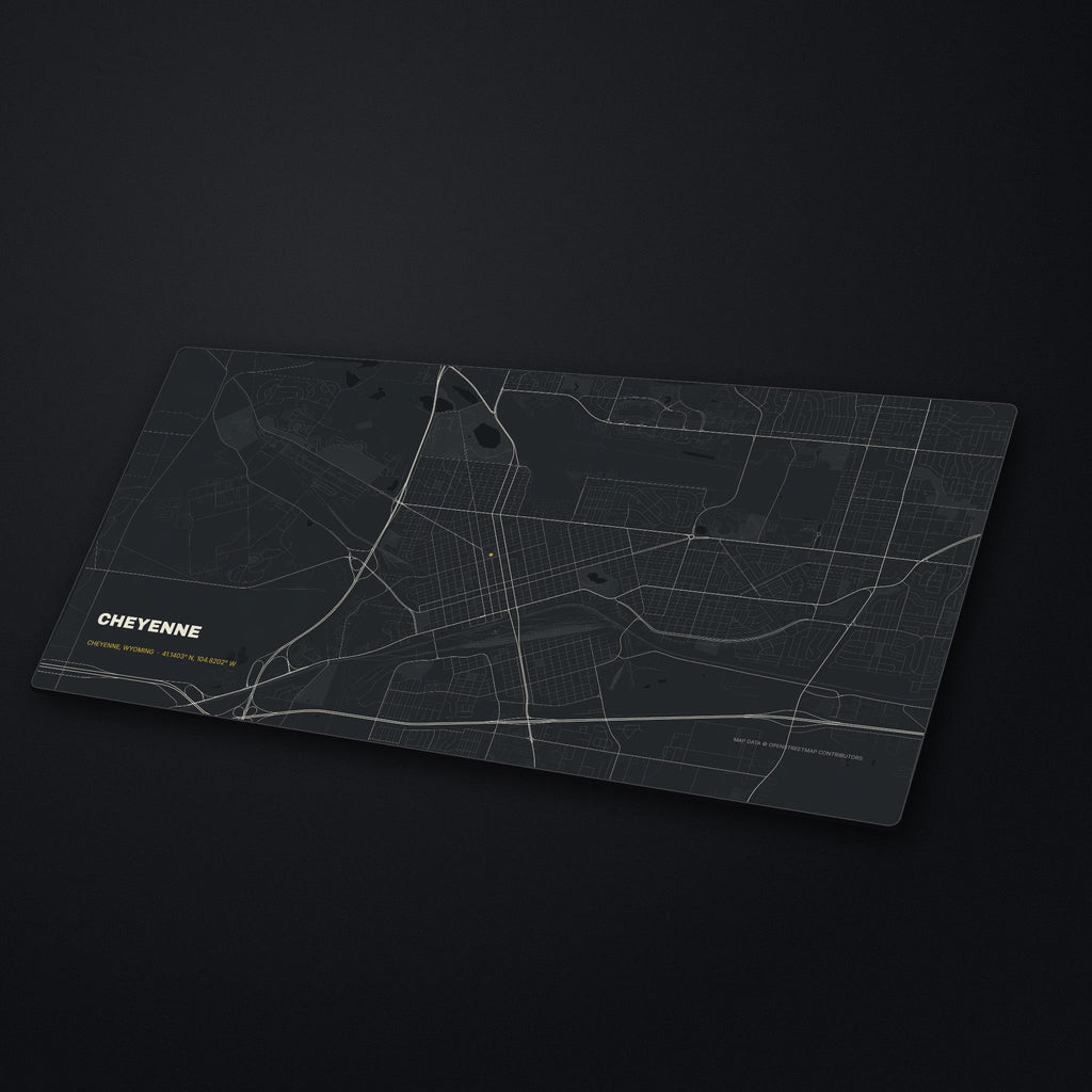 Cheyenne Street Map Desk Mat at an angle on a stone desk