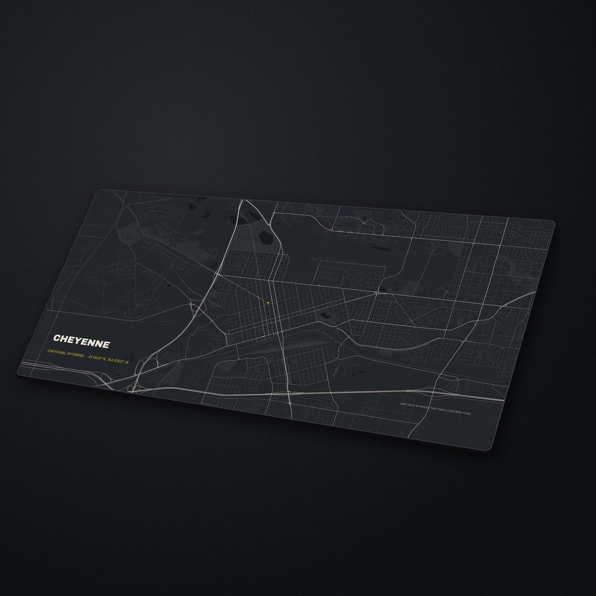 Cheyenne Street Map Desk Mat at an angle on a stone desk