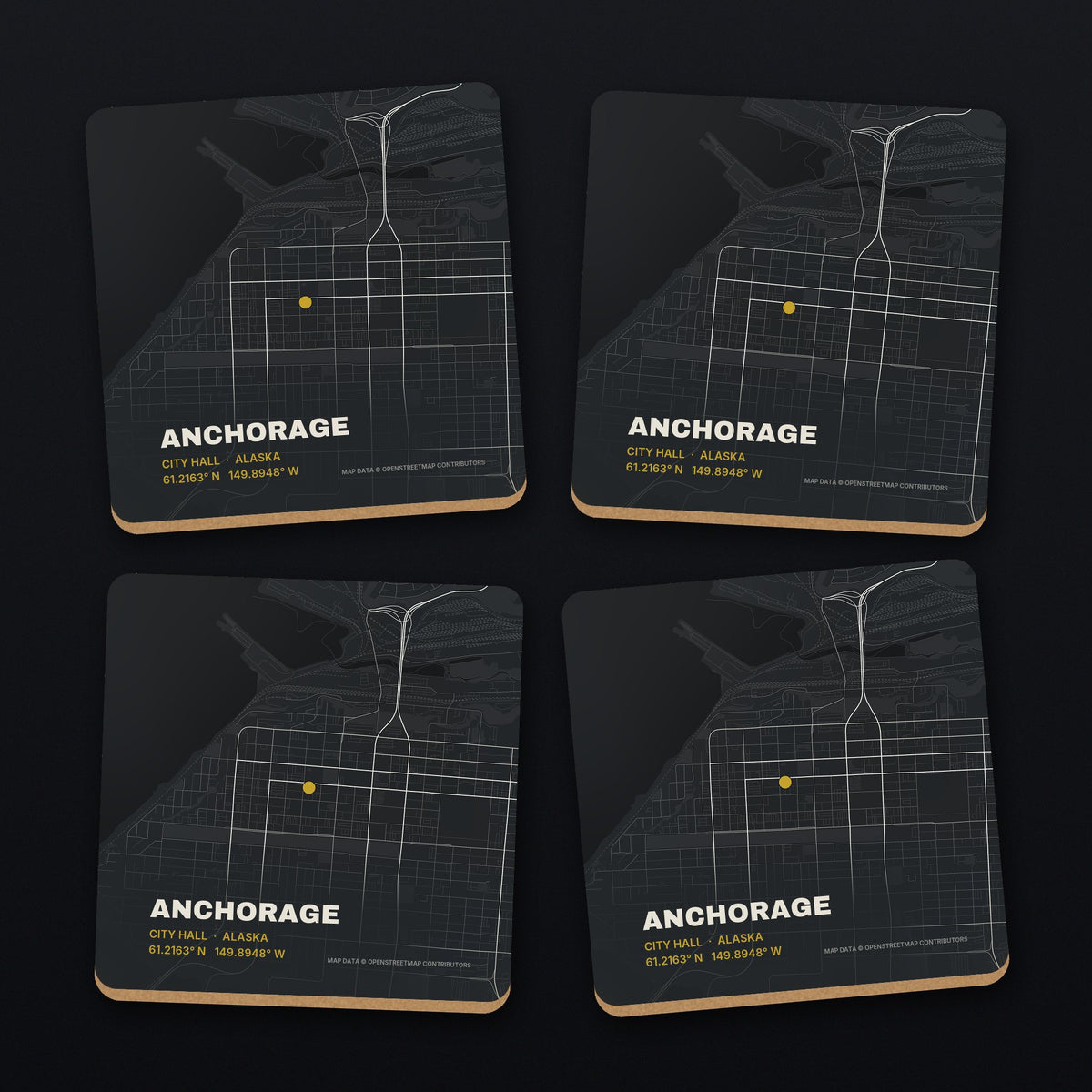 Anchorage Street Map Coaster Set, all 4 coasters