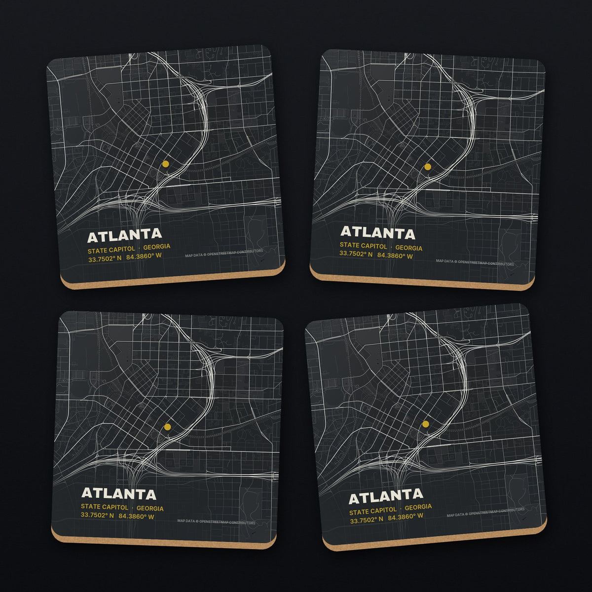 Atlanta Street Map Coaster Set, all 4 coasters