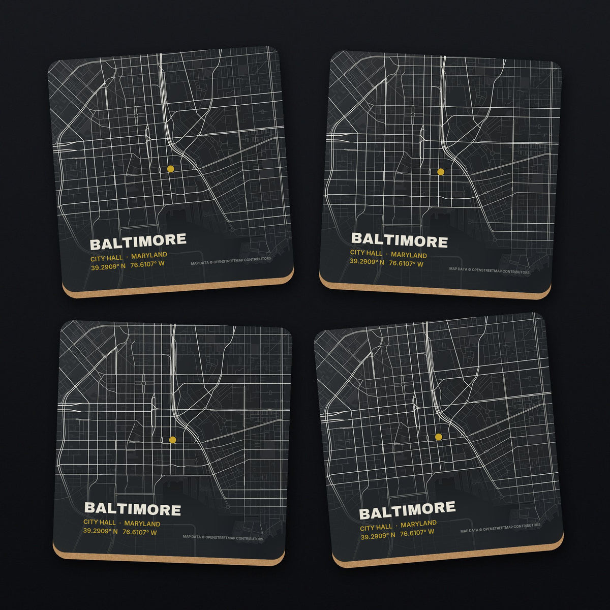 Baltimore Street Map Coaster Set, all 4 coasters