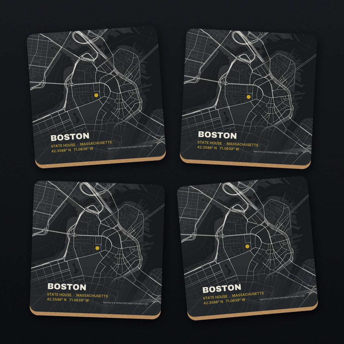 Boston Street Map Coaster Set, all 4 coasters