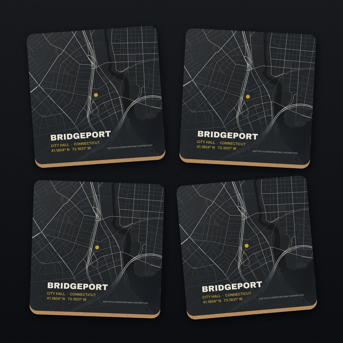 Bridgeport Street Map Coaster Set, all 4 coasters