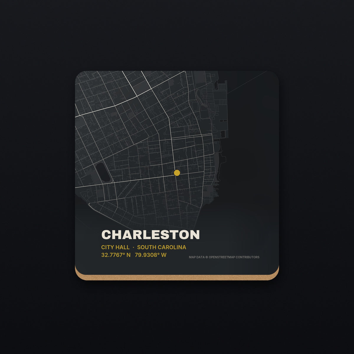 Charleston, South Carolina Street Map Coaster, flat view