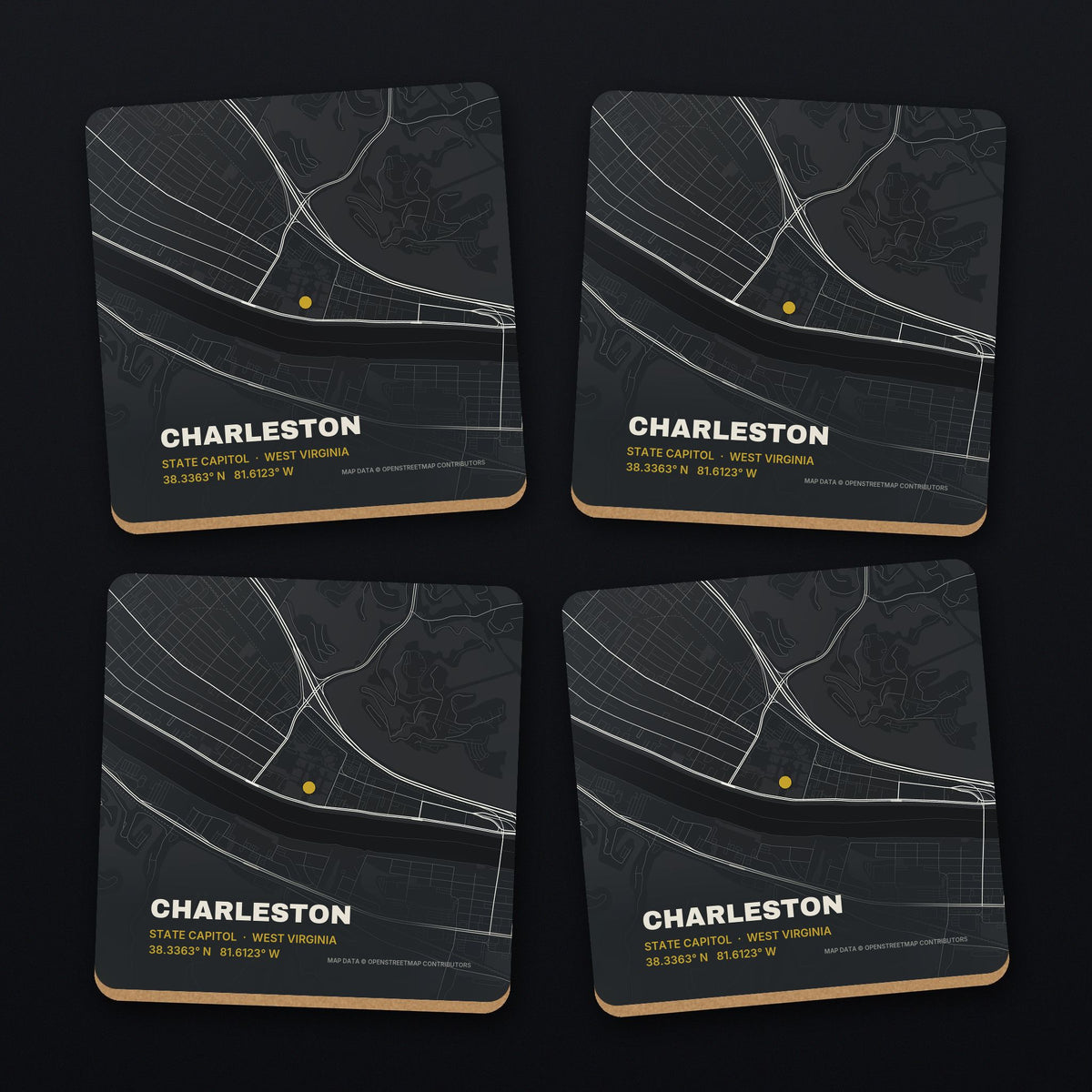 Charleston, West Virginia Street Map Coaster Set, all 4 coasters
