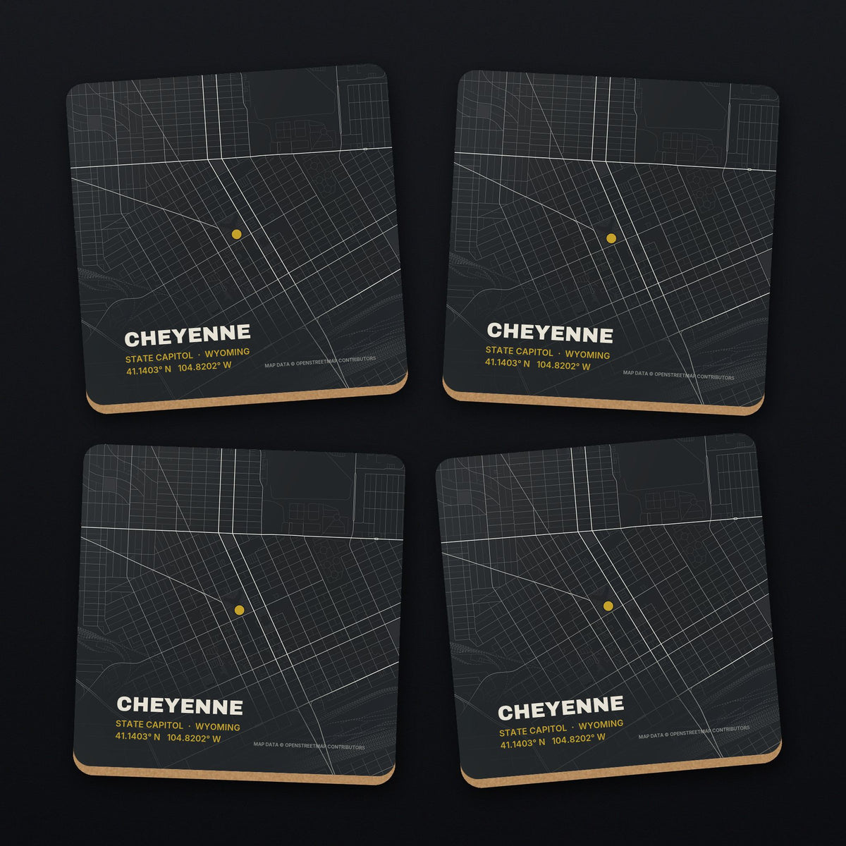 Cheyenne Street Map Coaster Set, all 4 coasters