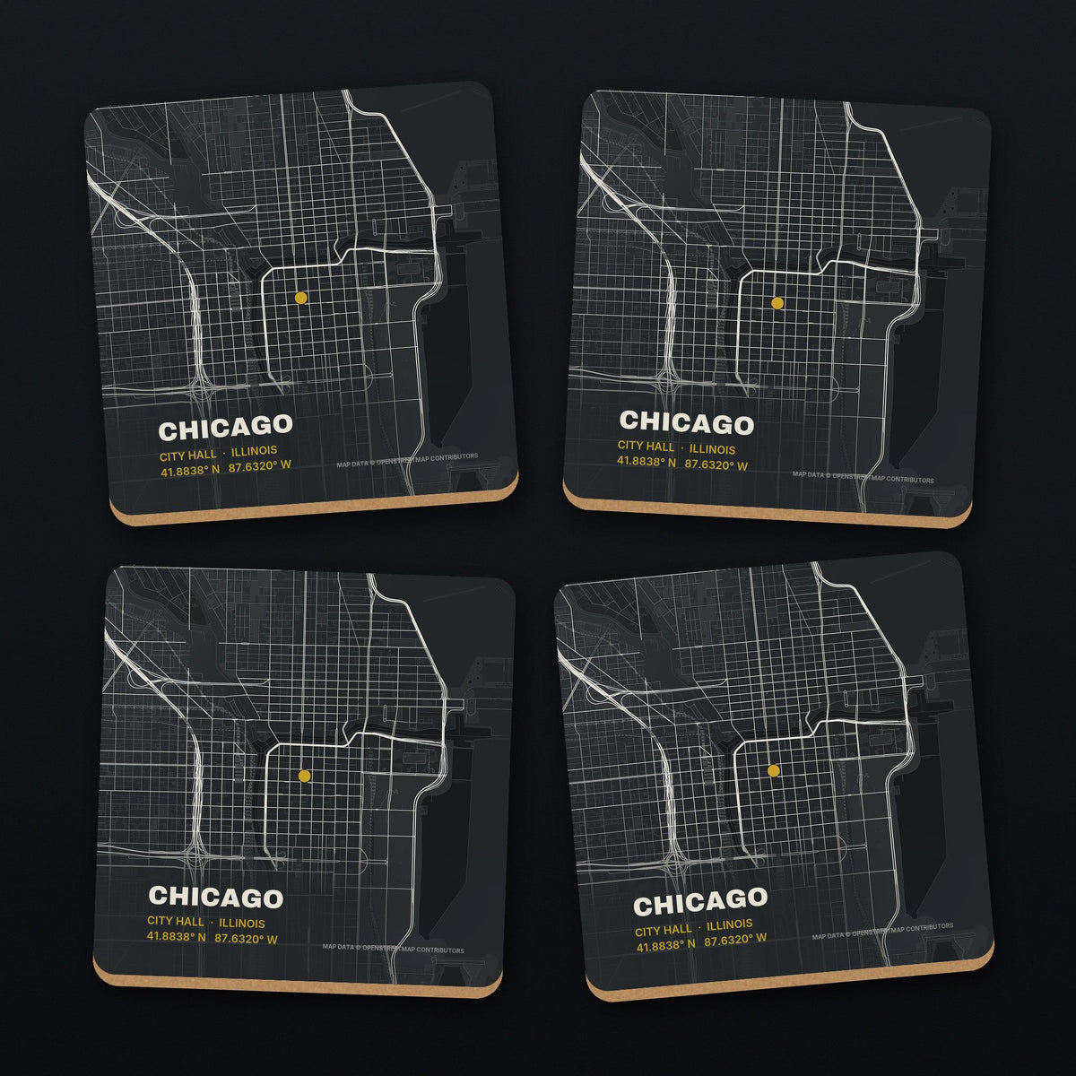 Chicago Street Map Coaster Set, all 4 coasters