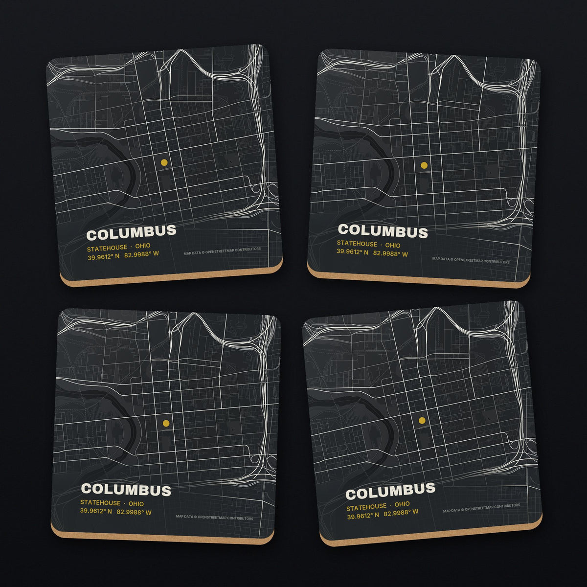 Columbus Street Map Coaster Set, all 4 coasters