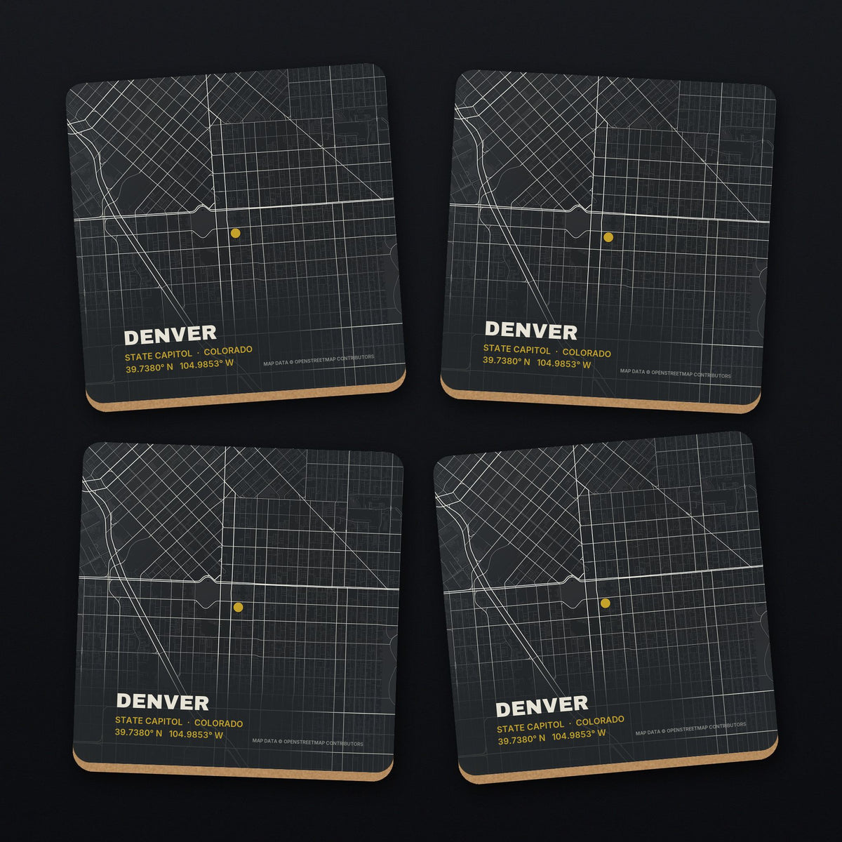 Denver Street Map Coaster Set, all 4 coasters