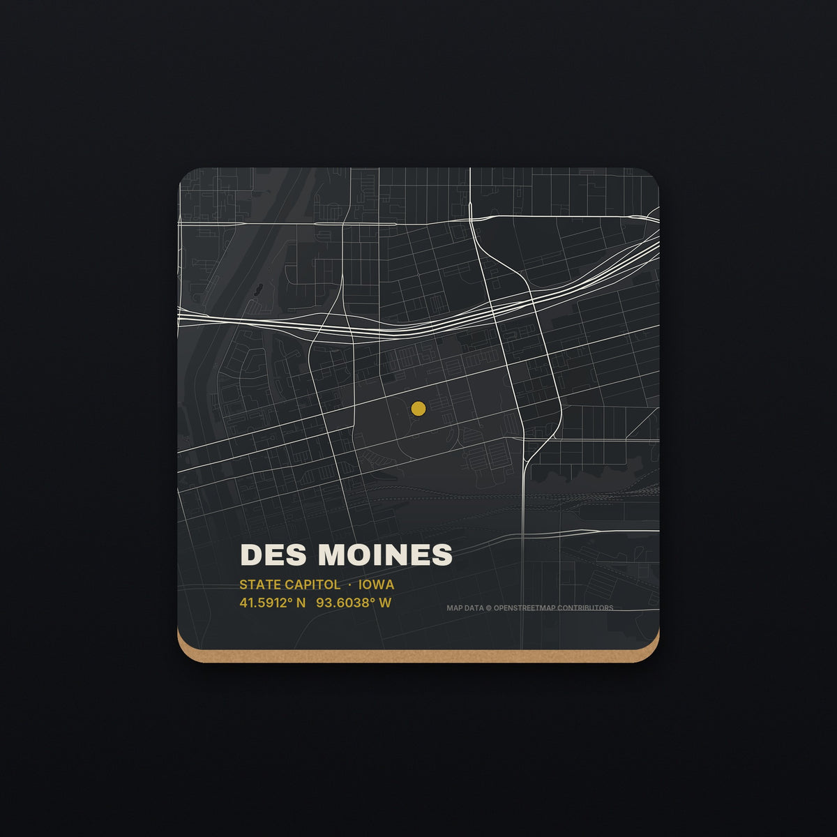 Des Moines Street Map Coaster, flat view