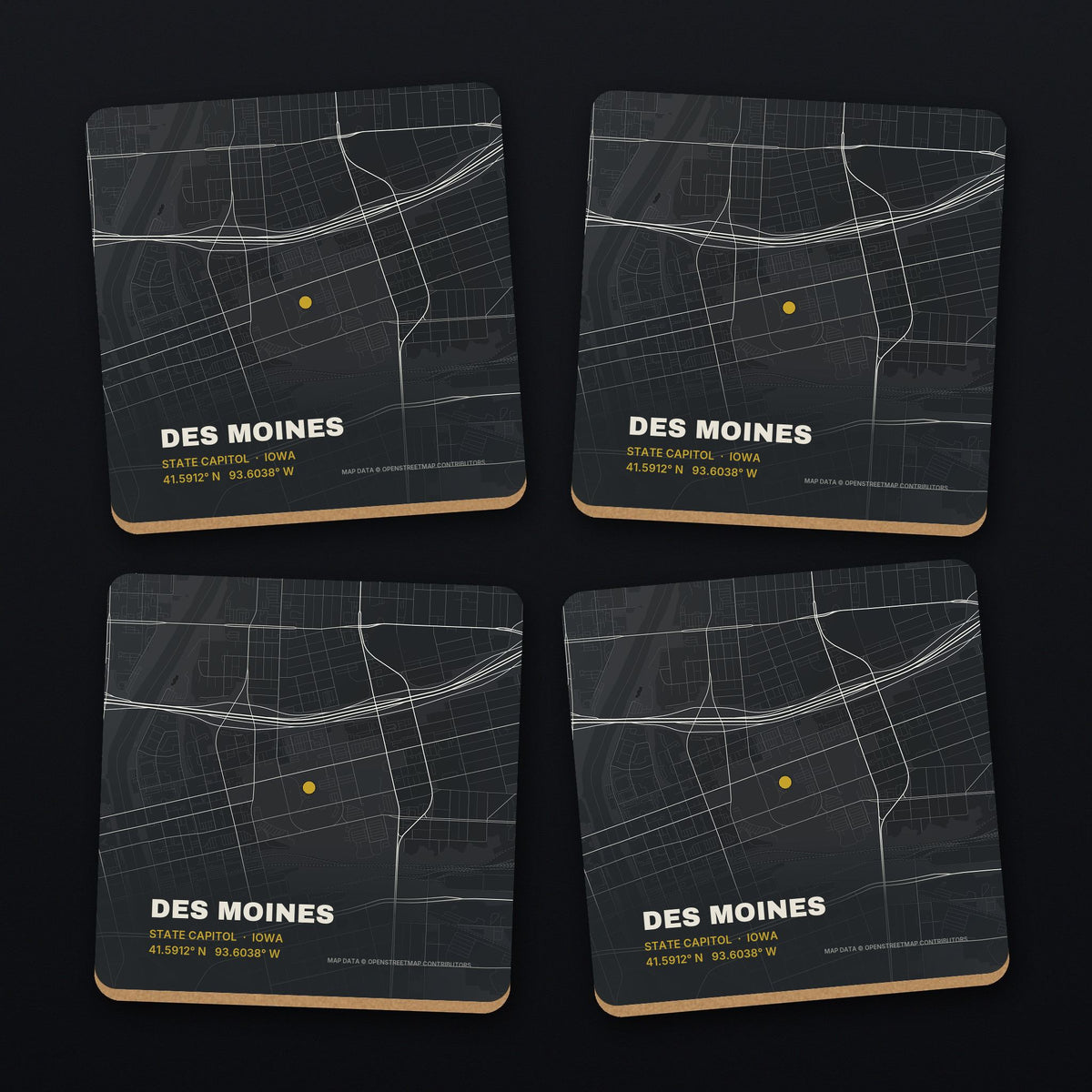 Des Moines Street Map Coaster Set, all 4 coasters