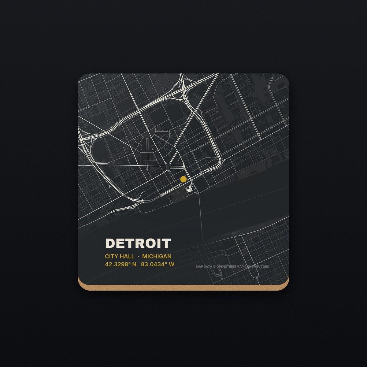 Detroit Street Map Coaster, flat view