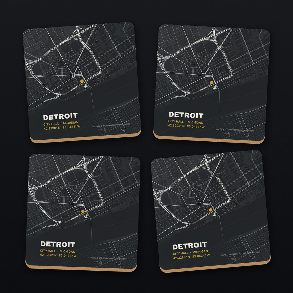 Detroit Street Map Coaster Set, all 4 coasters
