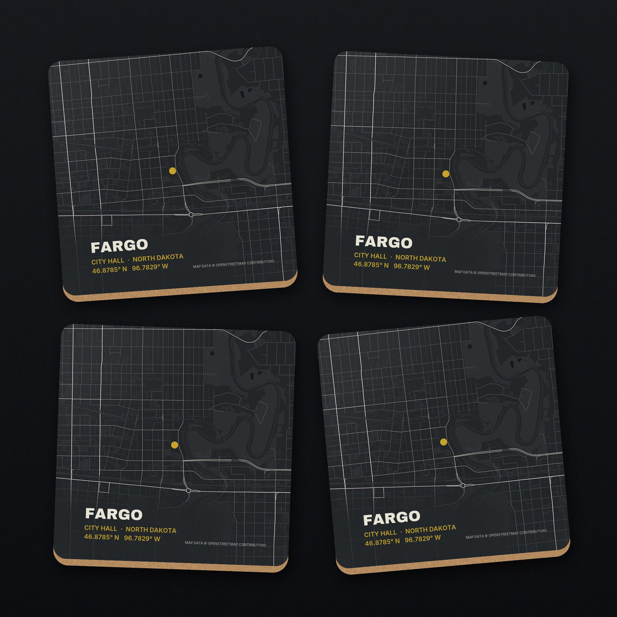 Fargo Street Map Coaster Set, all 4 coasters